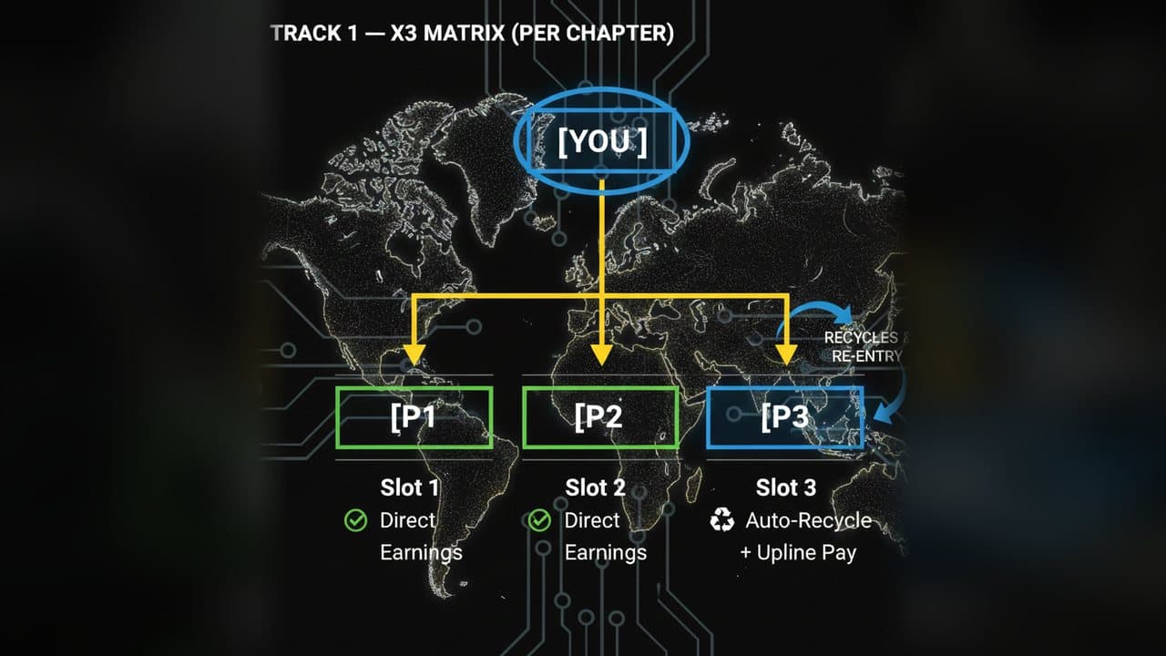 X3 matrix diagram: you at the top, three slots below — two paying direct earnings and a third that auto-recycles
