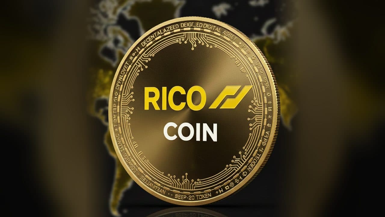 A gold RICO coin in front of a glowing world map